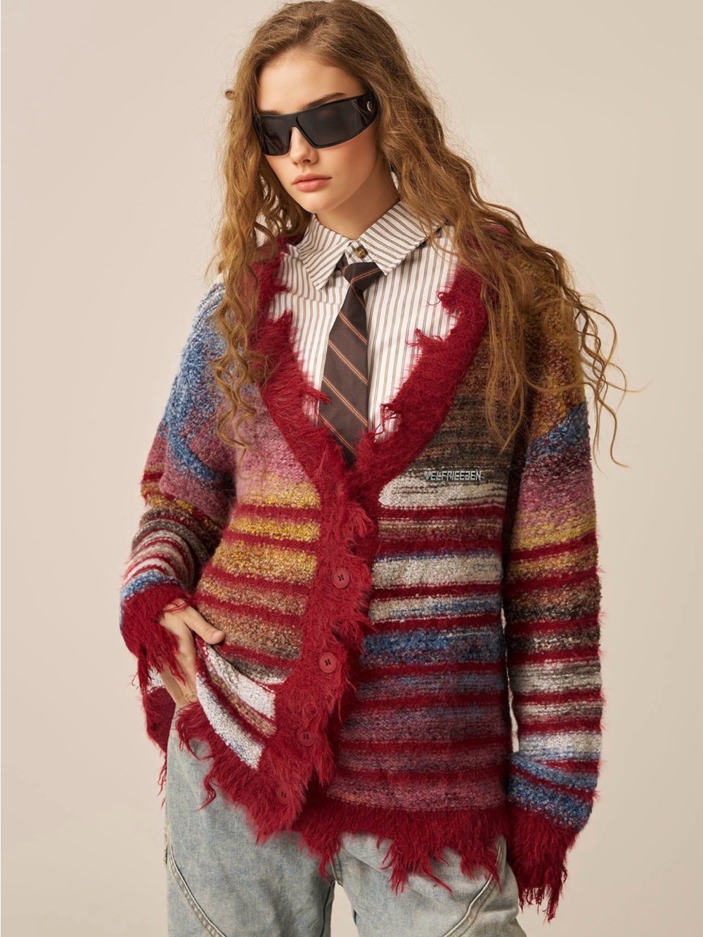 AELFRIC EDEN fringe stripe cardigan distressed trim women’s size Large red